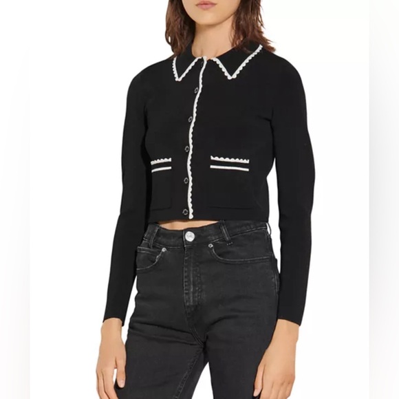 Sandro Leanna Cropped Scalloped-Trim Cardigan size 2 - Picture 3 of 14